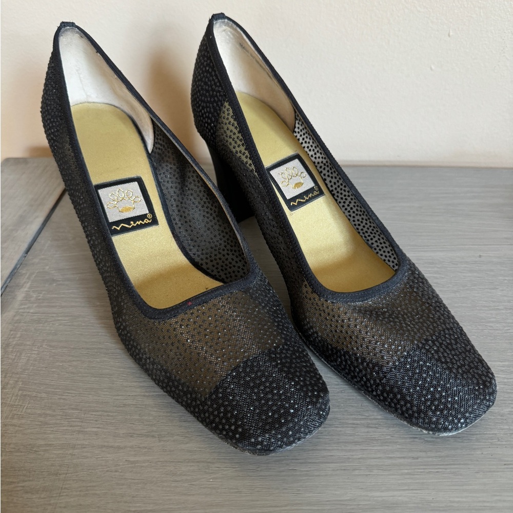 Nina Block Heel Sparkle Pumps Square Toe Mesh Outer Leather Sole Size 9M‎